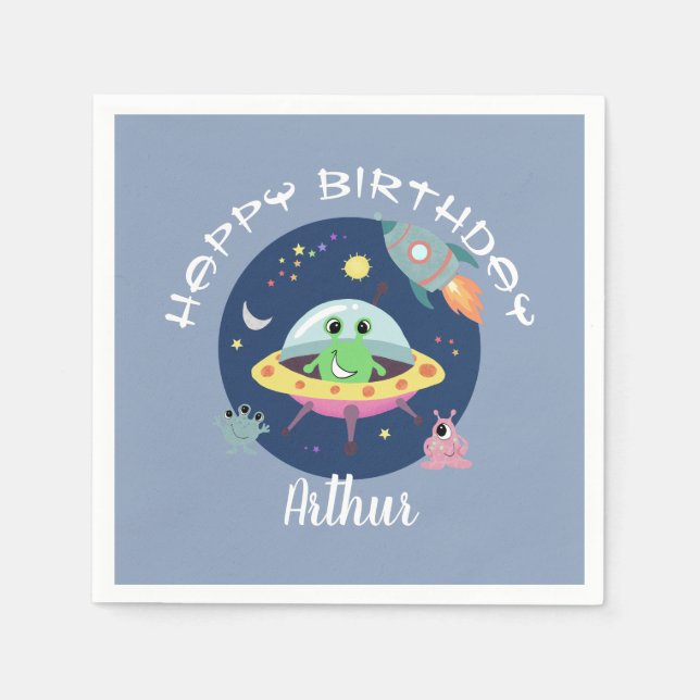 Boys Cool Blue Space Alien Galaxy Birthday Napkins (Front)