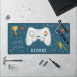 Boys Cool Blue Video Game Controller Kids Gaming Desk Mat<br><div class="desc">This cool blue custom kids and teens gaming desk mat design features a blue cartoon video game design, with a controller, headset, game coins, health heart, lightening bolt, ‘game zone’, stars, and trophy. There is also space for you to add your boys name in a modern font. The perfect gift...</div>
