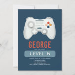 Boys Cool Blue Video Game Kids Birthday Invitation<br><div class="desc">This modern and cool boys 8th birthday invitation design features a gaming design, with a game controller, trophy, headset, and stars, with a dark blue background, and can be personalized with the parent's names and other details necessary for your party. Set as an eighth birthday invite, but easy to edit....</div>