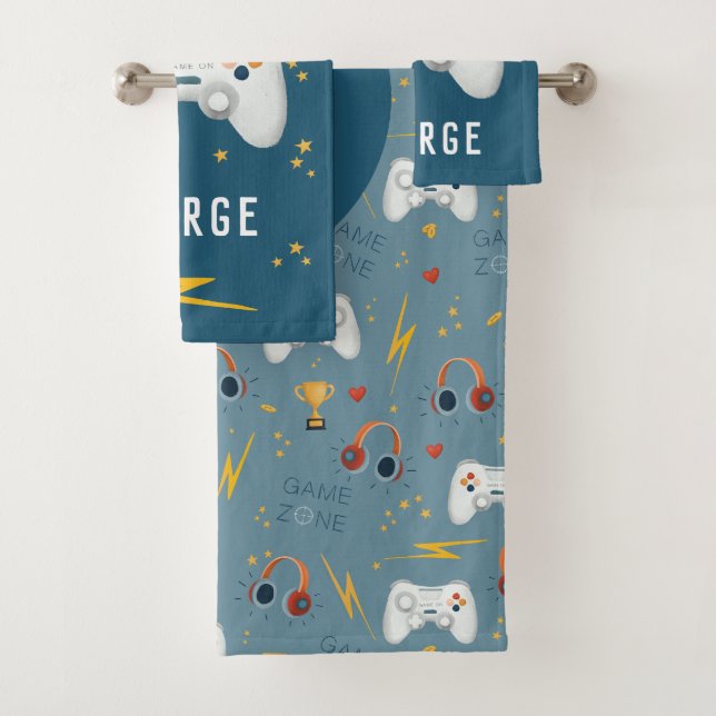 Boys Cool Blue Video Game Kids Gamer Bath Towel Set (Insitu)