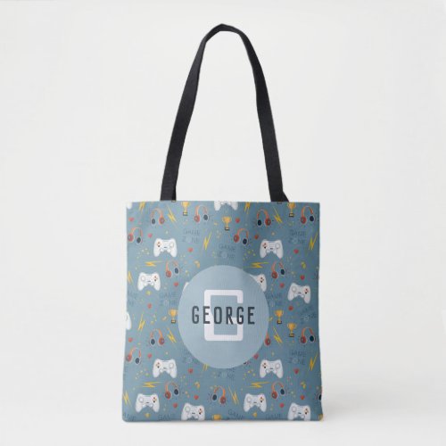 Boys Cool Blue Video Game Kids Monogram Tote Bag