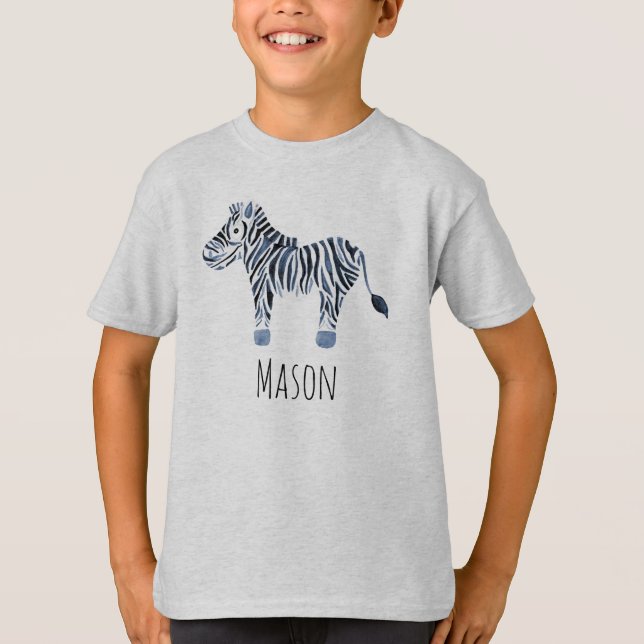 Boy's Cool Blue Watercolor Zebra Safari with Name T-Shirt (Front)