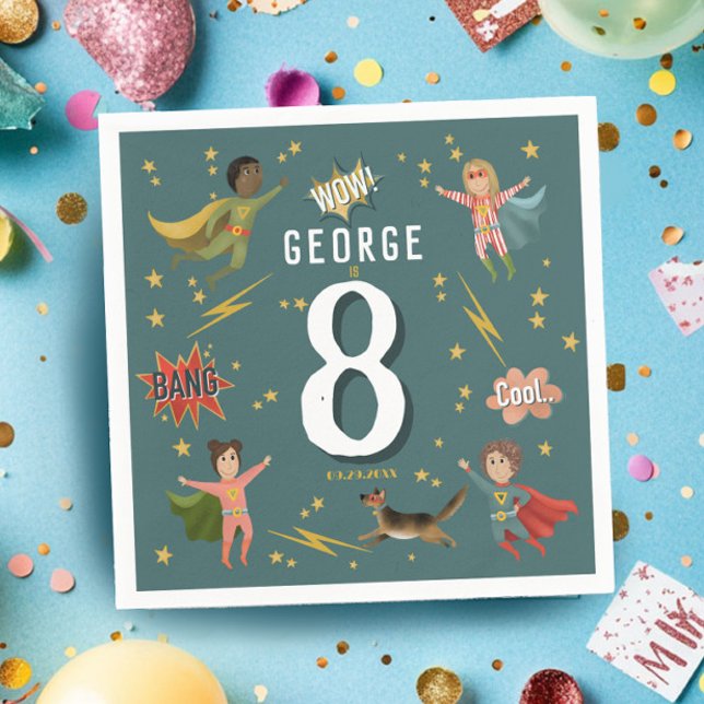 Boys Cool Comic Book Blue Superhero Kids Birthday Napkins (Creator Uploaded)