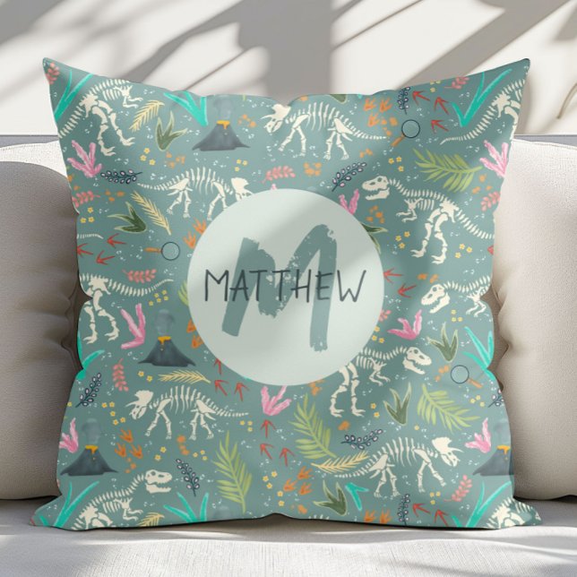 Boys Cool Dinosaur Fossil Pattern Monogram Kids Throw Pillow (Creator Uploaded)