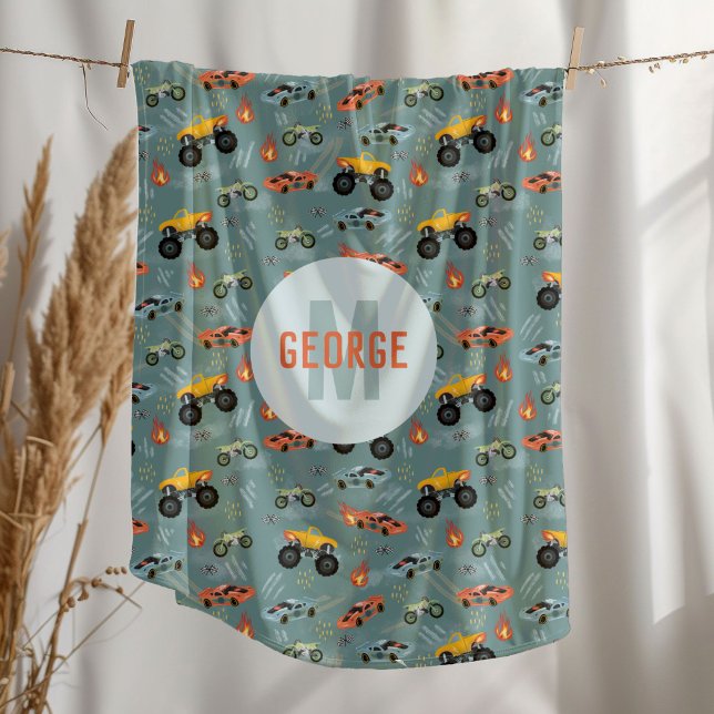 Boys Cool Hot Racing Car Pattern Monogram Kids Fleece Blanket (Creator Uploaded)