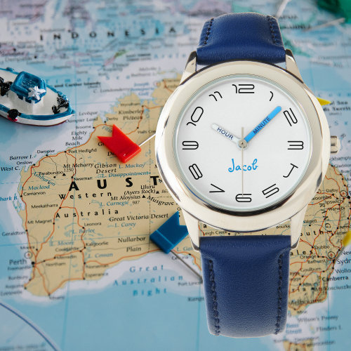 Boys Cool Modern Blue Stylish Custom Name Kids Watch