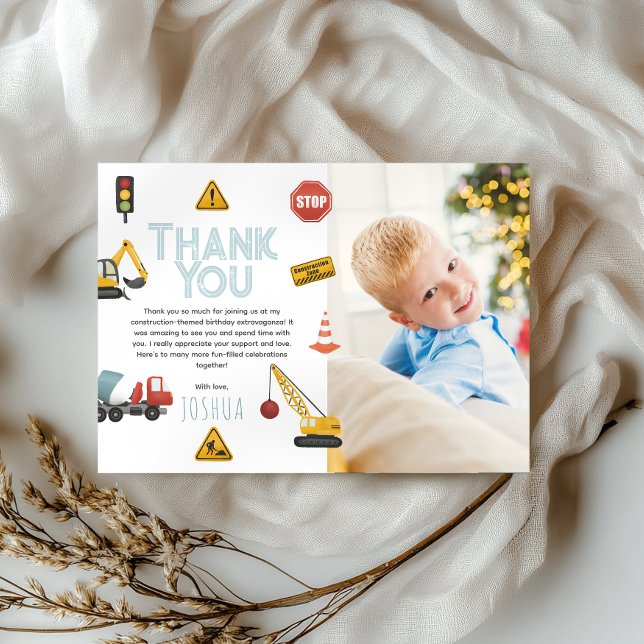 Boys Cool Modern Construction Kids Birthday Photo Thank You Card (Creator Uploaded)