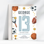 Boys Cool Modern Sports Star Birthday Invitation<br><div class="desc">This cute and modern sports-themed kids birthday invitation design features a sports cartoon design, with a basketball, football, soccer ball, tennis racket, trophy, and stars. The invite can be personalized with your boys name and other details necessary for your party. The perfect sports-themed addition to your child's 13th birthday party...</div>