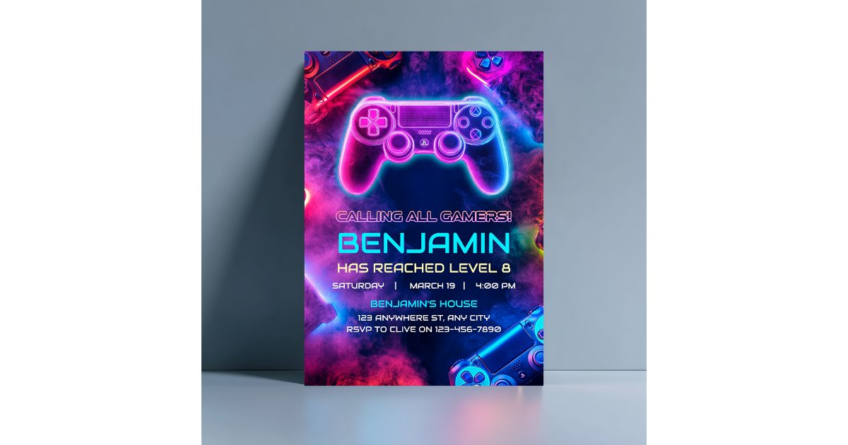 Controller Invites Boys Cool Neon Gaming Controller Birthday Invitation | Zazzle