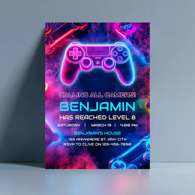 Controller Invites Boys Cool Neon Gaming Controller Birthday Invitation | Zazzle