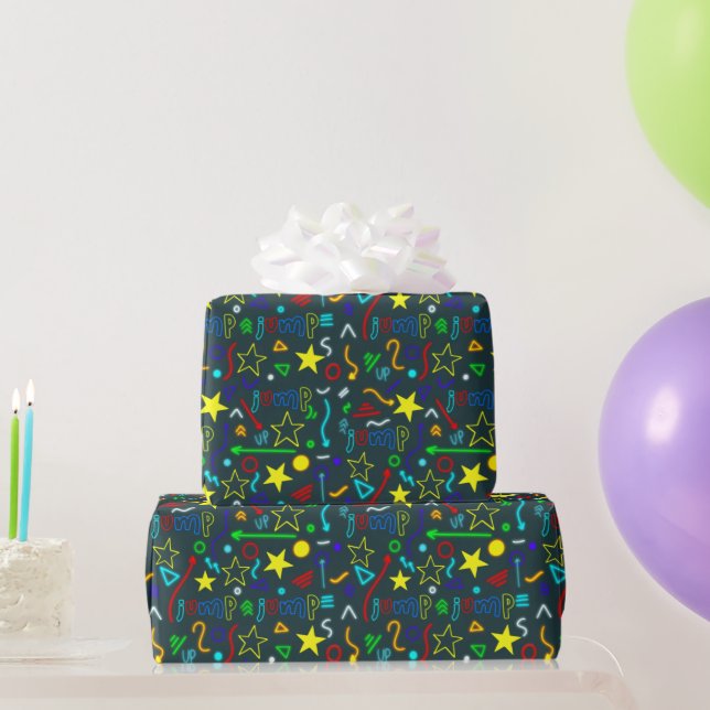 Boys Cool Neon Trampoline Kids Birthday  Wrapping Paper (Party Gifts)