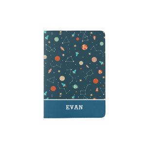Boys Cool Outer Space Pattern & Name Kids Passport Holder