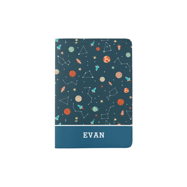 Boys Cool Outer Space Pattern & Name Kids Passport Holder (Front)