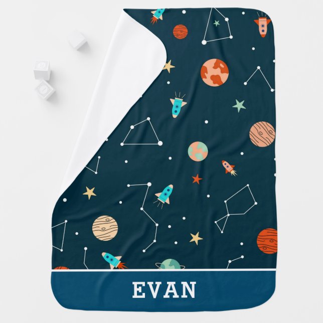 Boys Cool Outer Space Planets Rockets and Stars Baby Blanket (In Situ)