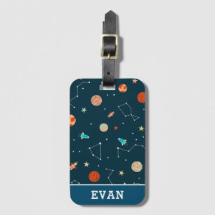Boys Cool Outer Space Planets Rockets & Name Kids Luggage Tag