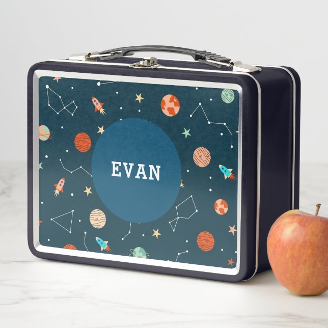Boys Cool Outer Space Planets Rockets Personalized Metal Lunch Box (In Situ)