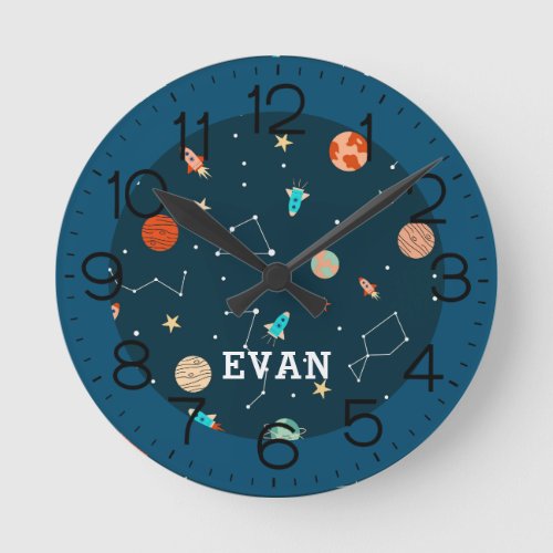 Boys Cool Outer Space Planets Rockets Personalized Round Clock