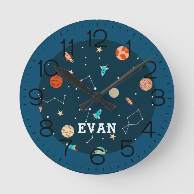 Boys Cool Outer Space Planets Rockets Personalized Round Clock (Front)