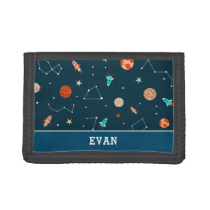 Boys Cool Outer Space Planets Rockets Personalized Tri-fold Wallet