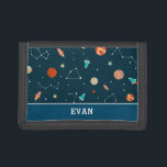 Boys Cool Outer Space Planets Rockets Personalized Trifold Wallet<br><div class="desc">This cool outer spaced themed wallet for boys is mainly of navy blue color scheme. Its design features colorful rockets, planets, stars and constellations. It also comes with a name that is customizable. This item is ready to be personalized. Pair this wallet with other similar designed gift items in this...</div>