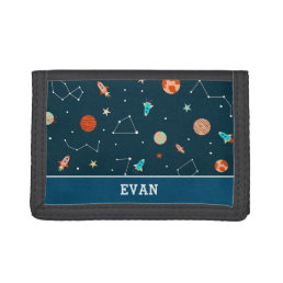 Boys Cool Outer Space Planets Rockets Personalized Trifold Wallet