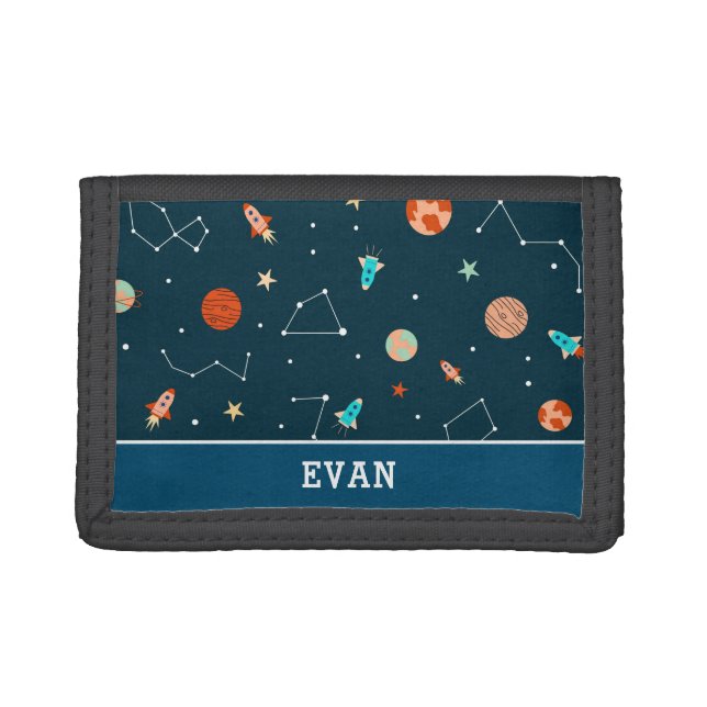 Boys Cool Outer Space Planets Rockets Personalized Trifold Wallet (Front)