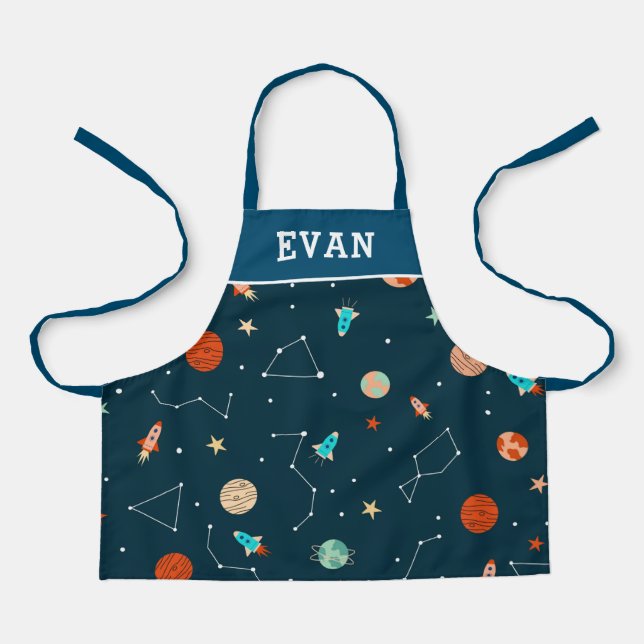 Boys Cool Outer Space Themed Pattern Custom Name Apron (Front)