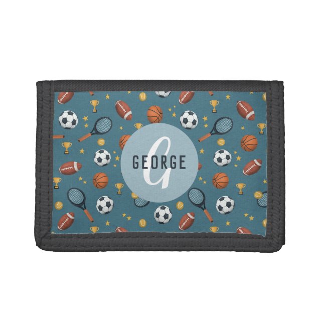 Boys Cool Sports Monogram Kids Trifold Wallet (Front)