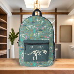 Boys Cool T-Rex Dinosaur Fossil School Printed Backpack<br><div class="desc">This cool personalized kids backpack design features a blue and green dinosaur fossil pattern, with Jurassic plants, Dino skeleton bones, and other archaeology illustrations, and a t-Rex. There is also space for you to add your boys name in whimsical typography. The perfect dinosaur themed gift for any history or dinosaur...</div>