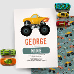 Boys Cool Truck Kids Birthday Invitation<br><div class="desc">This modern and cool boys 9th birthday invitation design features a truck with hot flames, with a matching blue racing car, wheel, and motorbike pattern on the back. The card can be personalized with a name and other details necessary for your monster party. Set as a ninth birthday invite, but...</div>