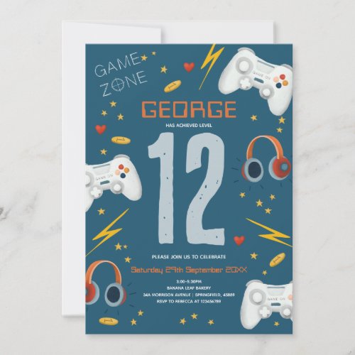 Boys Cool Video Game Kids 12th Birthday Invitation