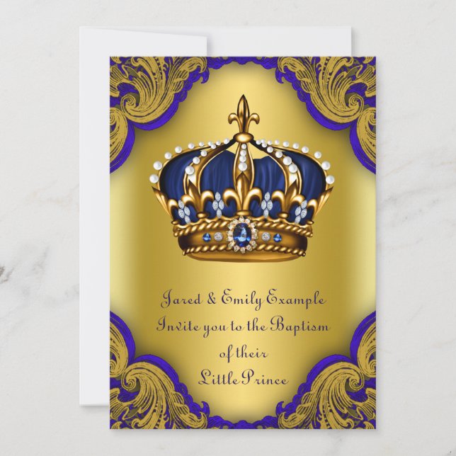 Boys Crown Prince Baptism Royal Blue and Gold Invitation (Front)