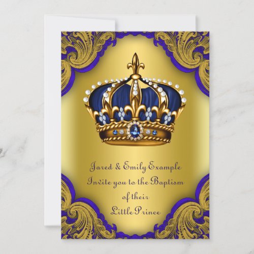 Boys Crown Prince Baptism Royal Blue and Gold Invitation