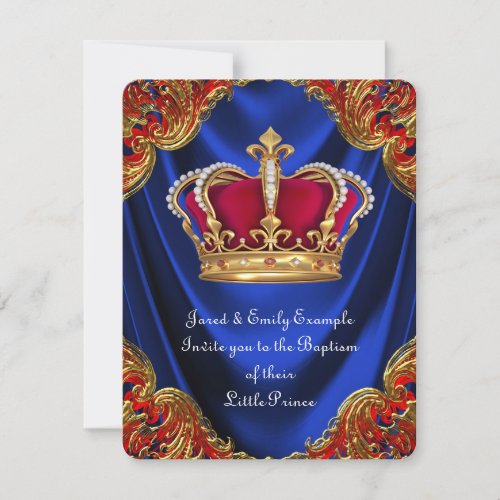 Boys Crown Prince Baptism Royal Blue Satin Invitation