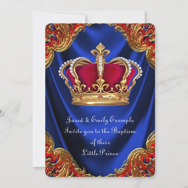 Boys Crown Prince Baptism Royal Blue Satin Invitation (Front)