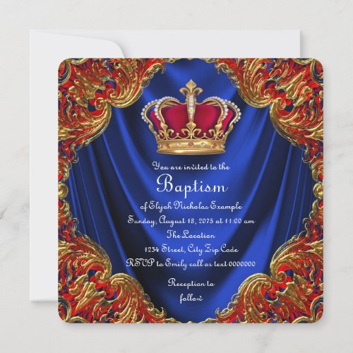 Boys Crown Prince Baptism Royal Blue Satin Invitation