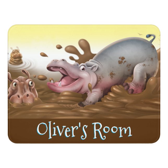 Boy's custom Bedroom sign Hippos in mud. (Contemporary Front)