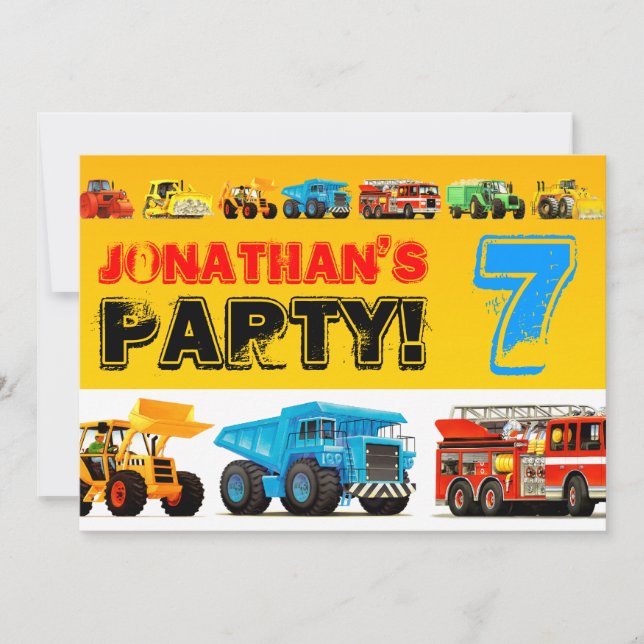 Boys Custom Construction Truck 7th Birthday Party Invitation (Front)