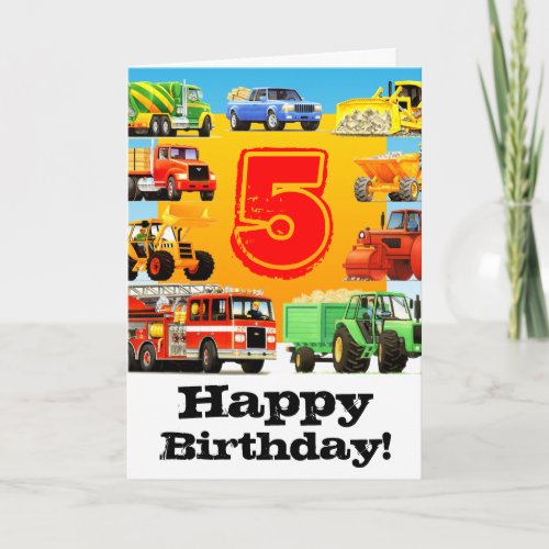 Boys Custom Construction Truck Happy 5th Birthday Card