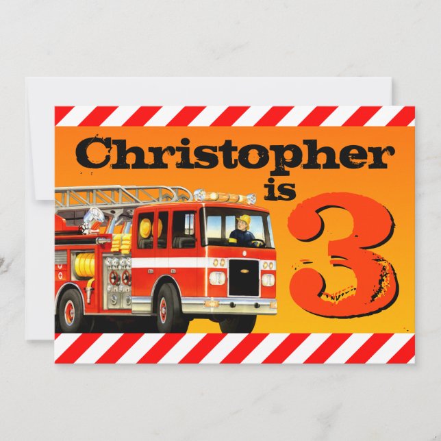 Boy's Custom Fire Truck 3rd Birthday Party Invitation (Front)