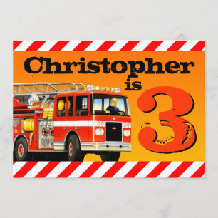 Boy's Custom Fire Truck 3rd Birthday Party Invitation