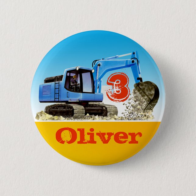 Boys Custom Name and Age Construction Digger Pinback Button (Front)