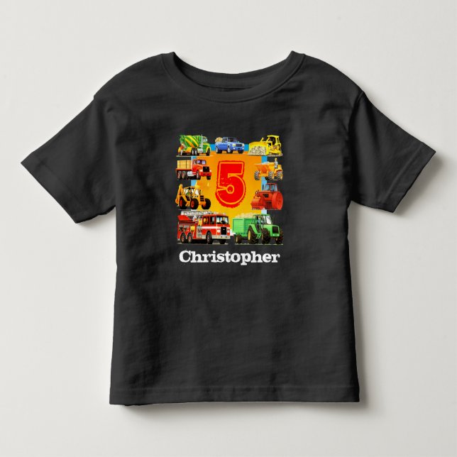 Boy's Custom Name Construction Truck 5th Birthday Toddler T-shirt (Front)