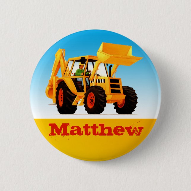 Boys Custom Name Construction Yellow Digger Button (Front)
