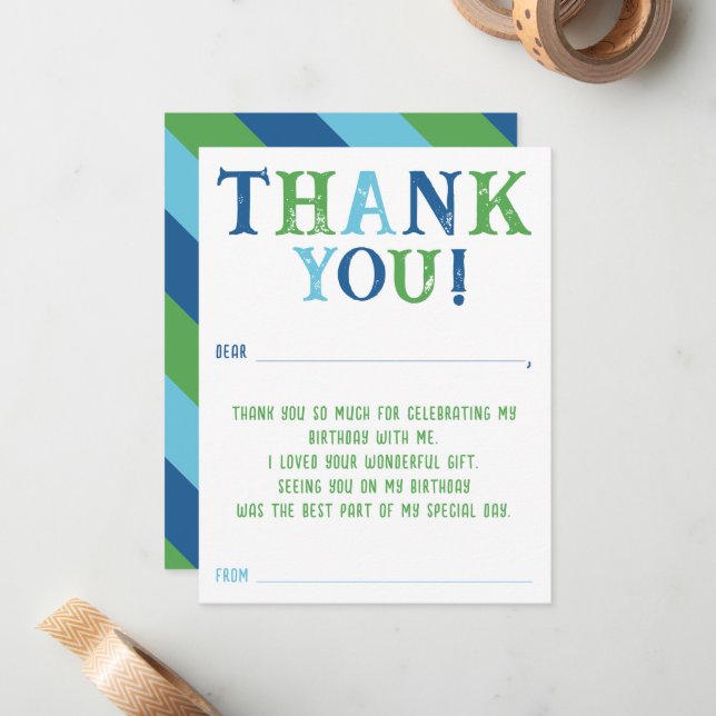 Boys Custom Striped Fill In Birthday Thank You  Note Card (Front/Back In Situ)