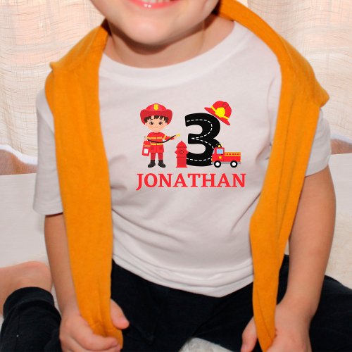 Boys Cute 3rd Birthday Fireman Firetruck Name  Toddler T_shirt