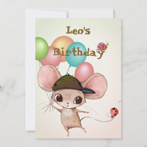 Boys Cute Age Mouse Ladybug Balloons Birthday Invitation