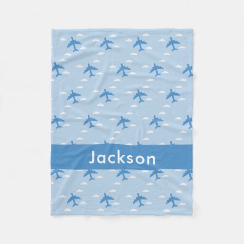Boys Cute Airplane Pattern Personalized Name Fleece Blanket