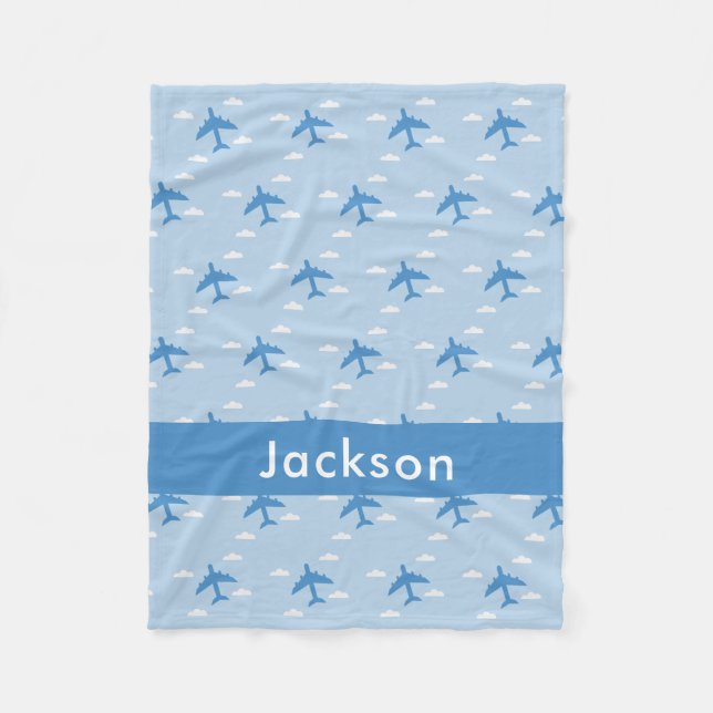 Boys Cute Airplane Pattern Personalized Name Fleece Blanket (Front)