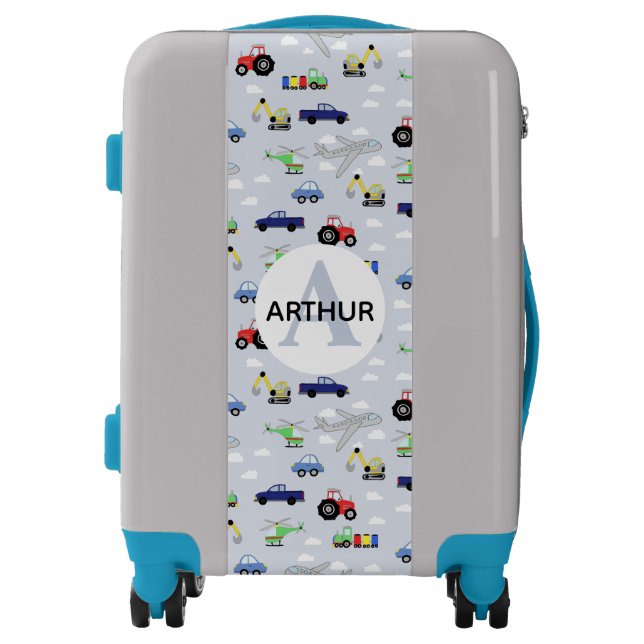 Boys Cute Airplane Tractor Car Train Monogram Name Luggage (Front)